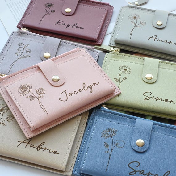 Personalized Leather Wallet with Birth Flower & Name | Custom Engraved PU Leather Wallet for Women | Mother’s Day, Birthday, Bridesmaid Gift