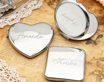 Personalized Engraved Silver Compact Mirror with Name, Custom Pocket Mirror, Bridesmaid Gifts, Birthday Christmas Gift for Her