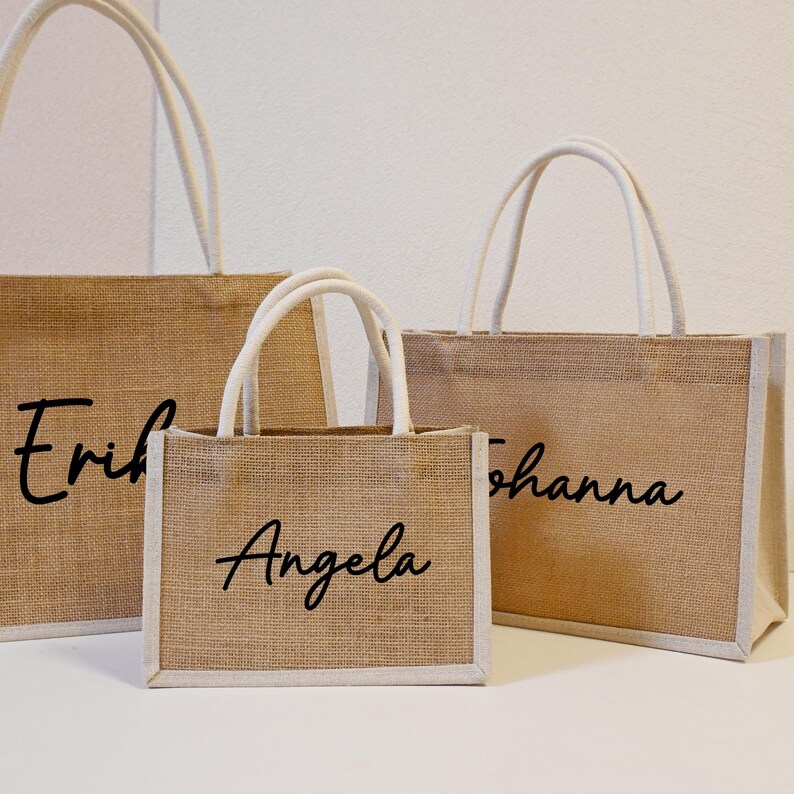 Personalized Bridesmaid Tote Bag, Custom Burlap Bag Bridesmaid Gift with Name, Girls Trip Gift Beach Bag, Bachelorette Party Wedding Favors image 2