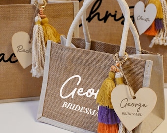 Personalized Bridesmaid Burlap Tote Bags with Charm, Custom Name Wedding Bachelorette  Bridal Shower Party Favor Bags, Xmas Gift Tote Bag