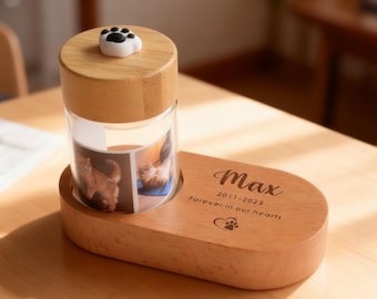 Frasco conmemorativo personalizado para mascotas con base de madera grabada, frasco de vidrio para guardar recuerdos de pelo de mascota, regalo personalizado con foto para recordar a una mascota fallecida, recuerdo del Puente del Arcoíris