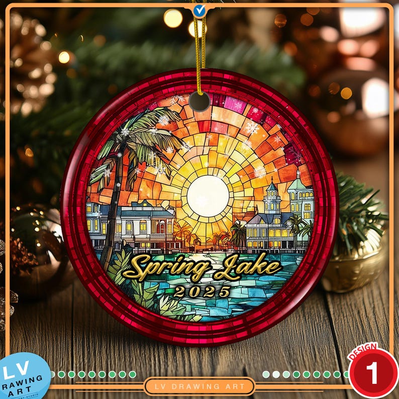 Spring Lake NJ 2025 Christmas ornament featuring classic Victorian-style coastal architecture and beach sunset in stained glass design.
