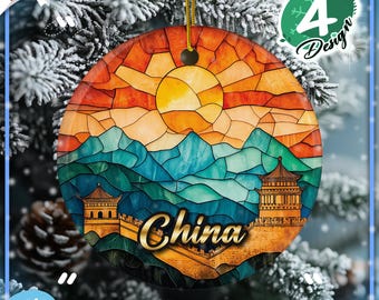 China Ornament, Faux Stained Glass Great Wall Ornament for Travelers, UNESCO World Heritage, Asia Travel Vacation Keepsake, Christmas Decor