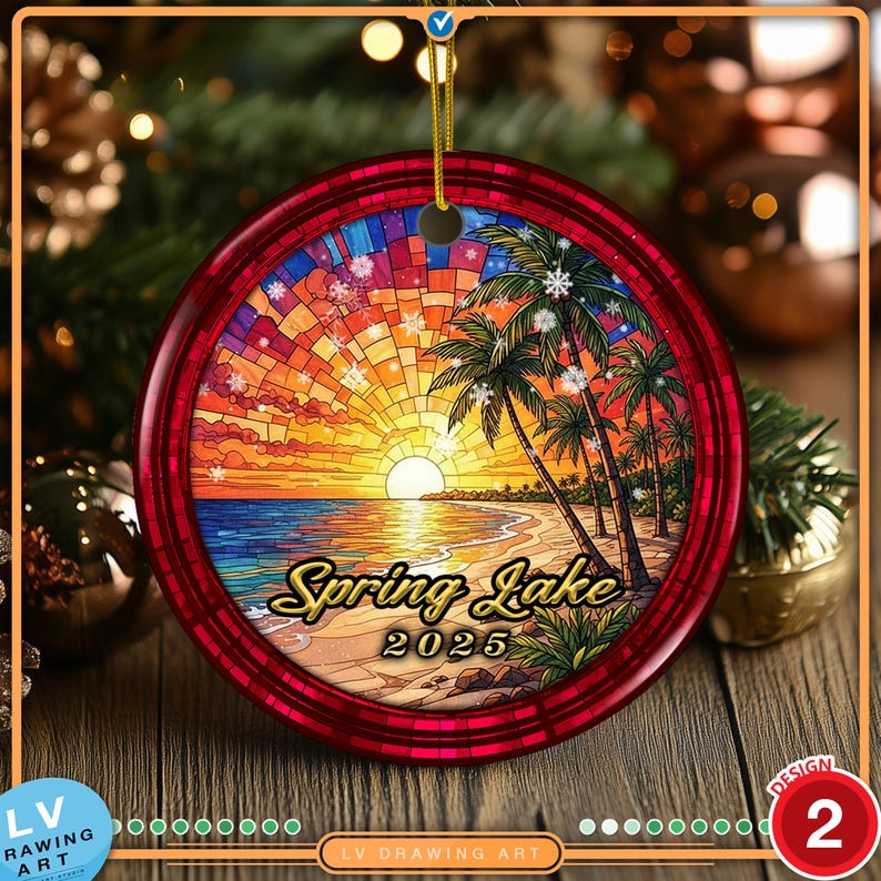 Spring Lake New Jersey 2025 keepsake ornament featuring a colorful sunset horizon over the beach with palm trees stained glass effect.