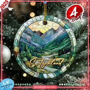 Switzerland Ornament, West Central Europe, Stained Glass, Round Ceramic, Christmas Ornaments, Traveler Gifts, Holiday Picks, Road Trip