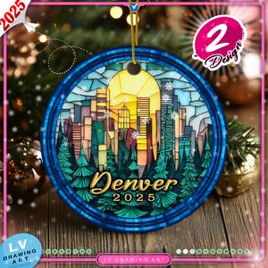 Denver Skyline Ceramic Ornament: Faux Stained Glass Christmas Keepsake