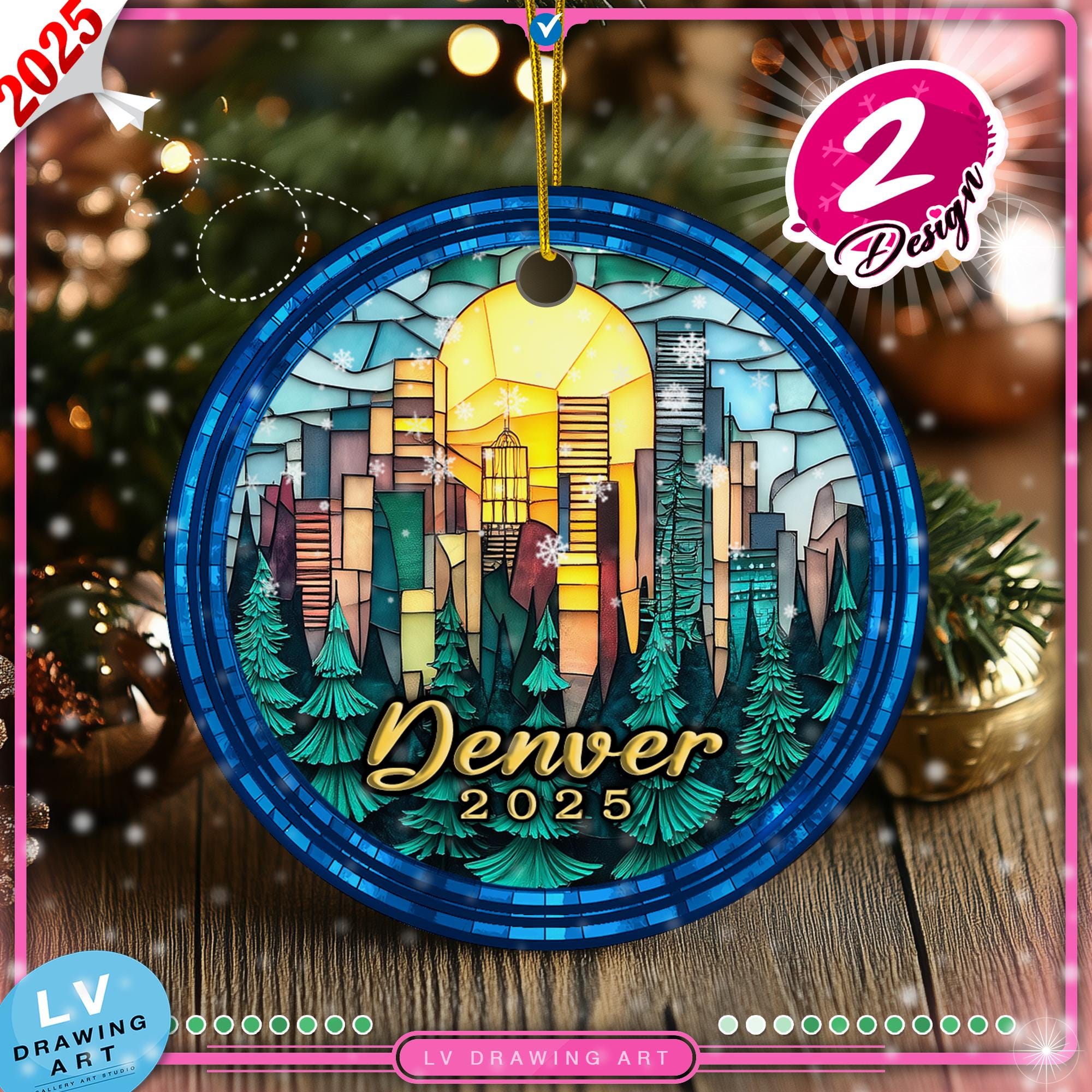 Denver Skyline Ceramic Ornament | Faux Stained Glass Christmas Keepsake | Colorado Gift For First Christmas 2026