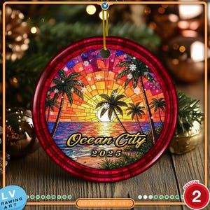 Ocean City NJ 2025 ceramic ornament featuring a peaceful beach sunset ocean waves and palm trees in a colorful stained glass look.