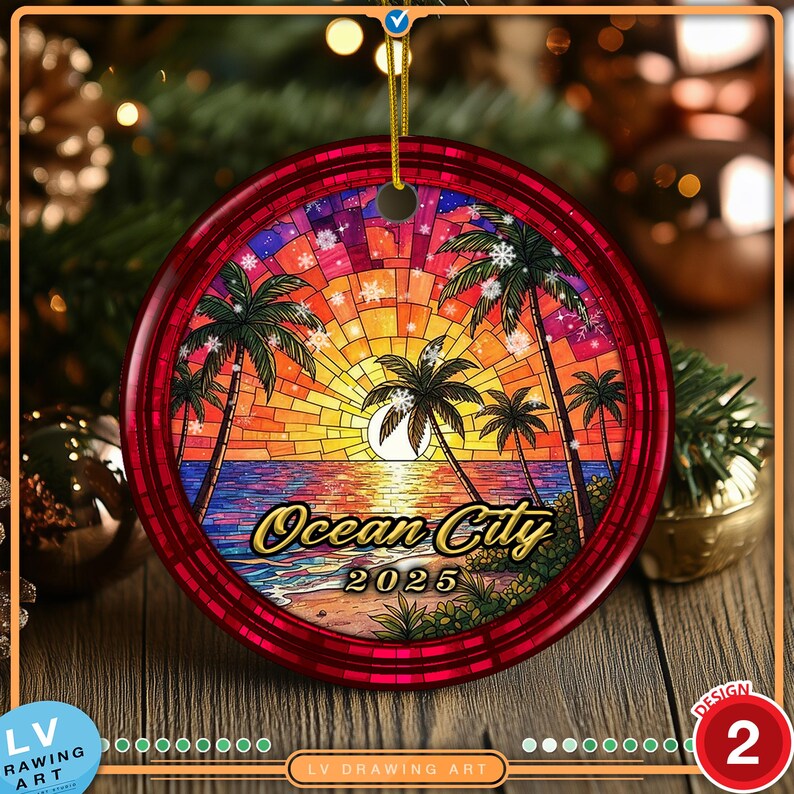 Ocean City NJ 2025 ceramic ornament featuring a peaceful beach sunset ocean waves and palm trees in a colorful stained glass look.