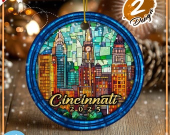 Cincinnati Weihnachtsverzierung, künstliche Glaskugel, Ohio-Souvenirgeschenk, Porzellan Cincinnati Skyline Reise-Andenken