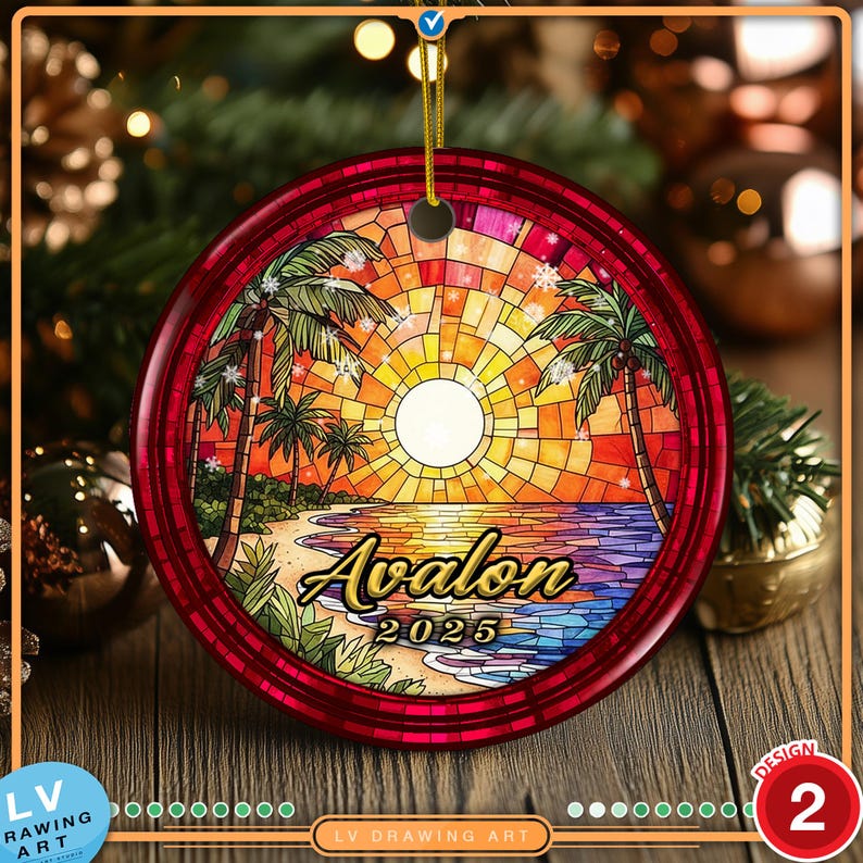 Avalon NJ 2025 holiday ornament depicting a serene beach sunset and palm trees vibrant stained glass art style on ceramic.