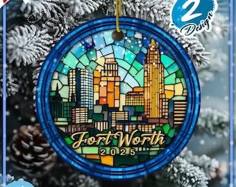 Fort Worth Skyline Ornament, xmas ornaments, Christmas gifts, unique christmas gift, round ceramic ornament, vintage, Christmas ornaments