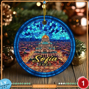 May include: A round blue Christmas ornament featuring a detailed illustration of Sofia, Bulgaria, with the text "Sofia 2025". The ornament has a mosaic-style sky and a gold-colored hanging string. The design includes a church and city lights.
