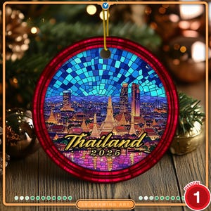 May include: Round Christmas ornament with a red border and a gold string. The ornament features a colorful stained-glass design of a cityscape with the word "Thailand" and the year "2025".