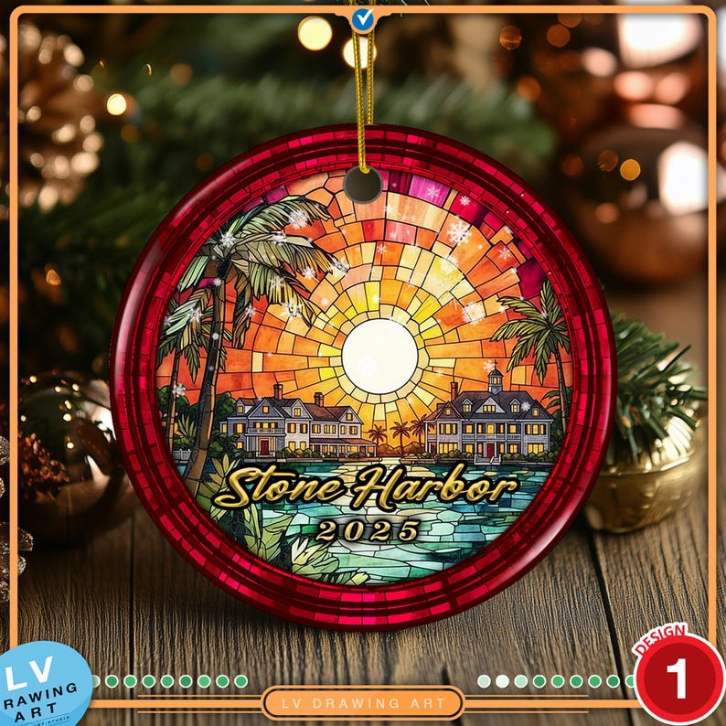 Stone Harbor NJ 2025 ornament featuring luxury coastal homes and sunset architecture in a decorative stained glass style print.