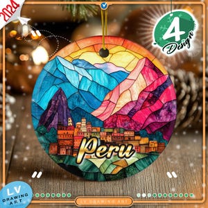 Machu Picchu Ceramic Ornament: Faux Stained Glass Peruvian Souvenir