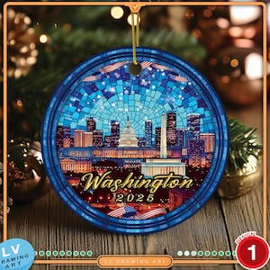 May include: A round, blue-rimmed ceramic ornament featuring a stained-glass style illustration of the Washington D.C. skyline, including the Capitol building and Washington Monument. The text "Washington 2025" is printed in gold script.