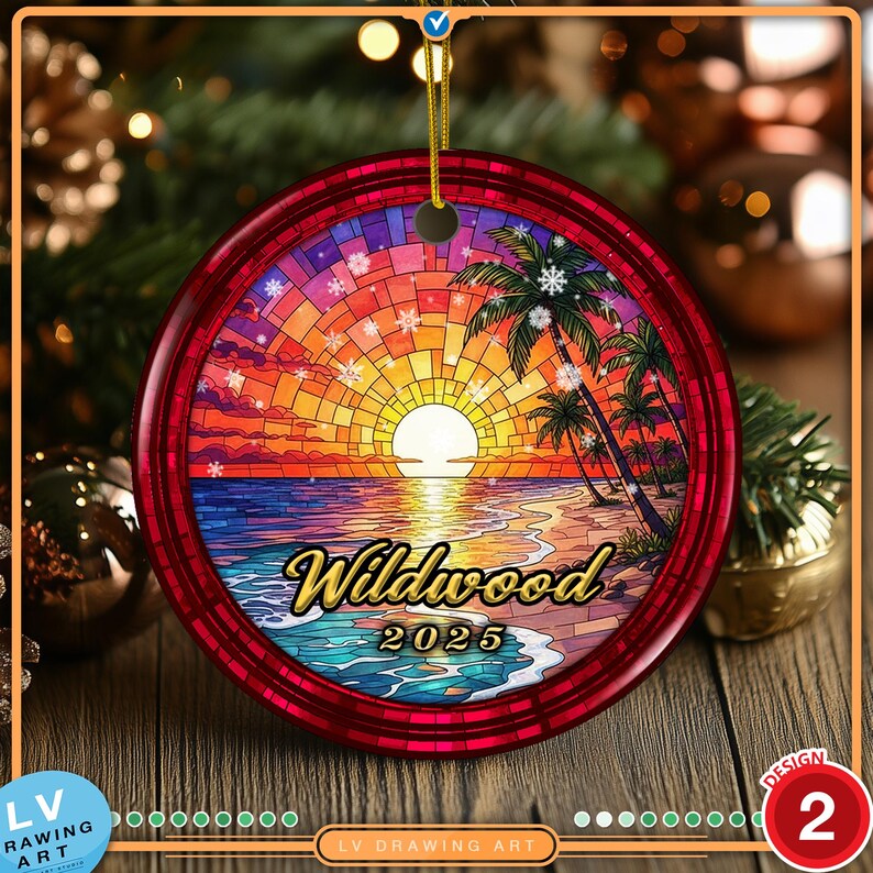 Wildwood New Jersey 2025 beach souvenir ornament showing a vibrant tropical sunset over the ocean with palm trees in stained glass style.