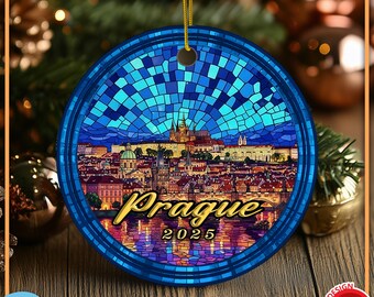 Personalized Prague Ornament, stained glass Czech Republic Travel Souvenir, Custom Cityscape Christmas Decoration, Ceramic Holiday Gift