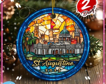 Personalized St Augustine Florida Christmas Ornament, Custom Year Nights of Lights Souvenir, Faux Stained Glass Ceramic Holiday Gift, FL