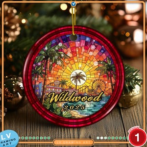 Wildwood NJ 2025 ceramic ornament featuring iconic boardwalk amusement pier Ferris wheel and roller coaster at sunset in colorful stained glass style.