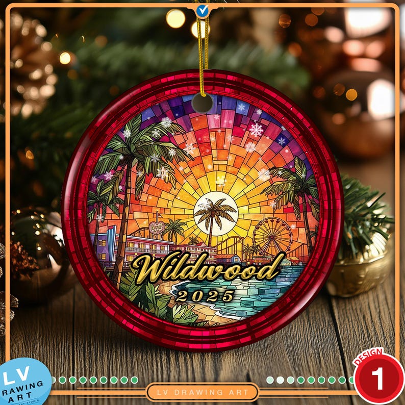 Wildwood NJ 2025 ceramic ornament featuring iconic boardwalk amusement pier Ferris wheel and roller coaster at sunset in colorful stained glass style.