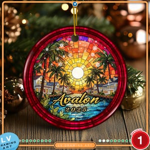 Avalon New Jersey 2025 keepsake ornament featuring coastal beach houses and dock scenery at sunset designed in a stained glass effect on ceramic
