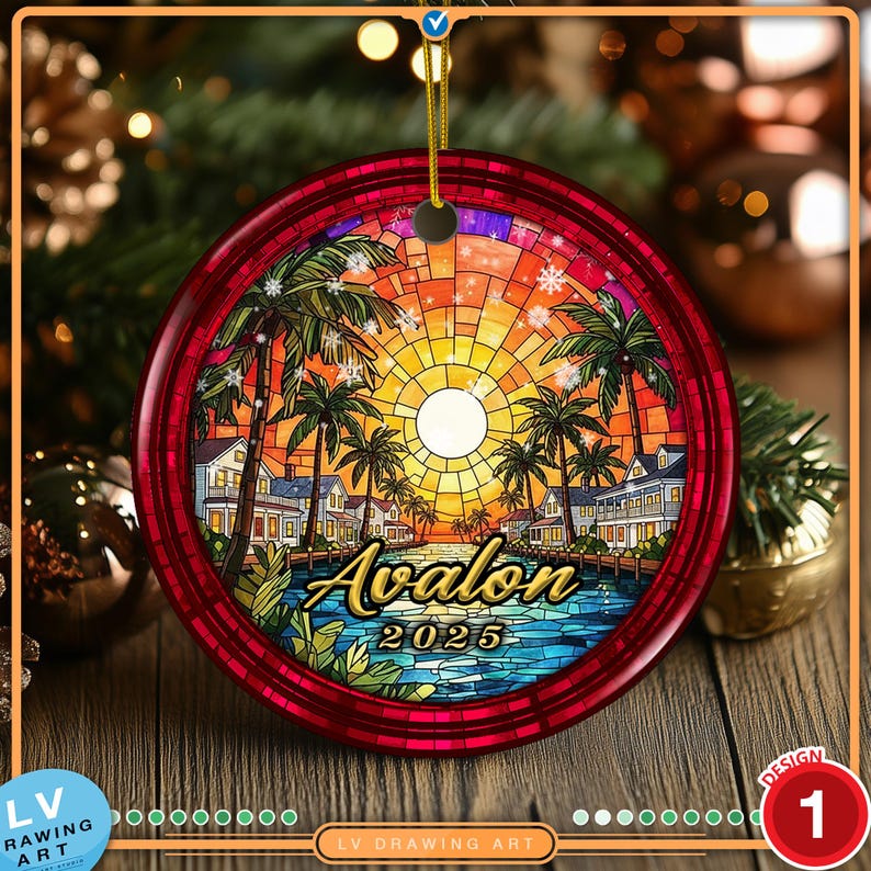 Avalon New Jersey 2025 keepsake ornament featuring coastal beach houses and dock scenery at sunset designed in a stained glass effect on ceramic