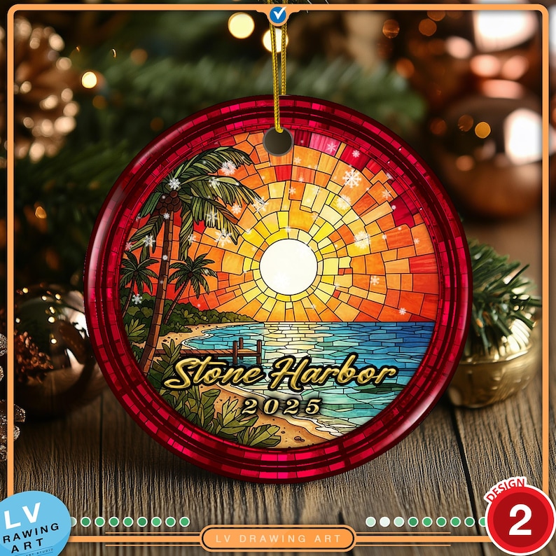 Stone Harbor NJ 2025 souvenir ornament featuring a wooden dock, ocean waves, and sunset view in faux stained glass design.