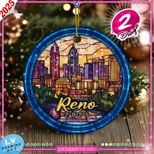 May include: A blue and white Christmas ornament featuring a stained glass design of the Reno skyline. The ornament has the text "Reno 2025" on it.