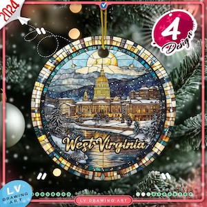 May include: A circular Christmas decoration with a stained-glass effect depicting the West Virginia state capitol in a winter landscape. The ornament has a gold hanging string and the words "West Virginia". It is framed by a colourful border.