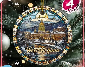 West Virginia State Capitol Ornament, WV Gold Dome Souvenir, Faux Stained Glass Ceramic, WVU Alumni Christmas Gift, Mountaineer Decor