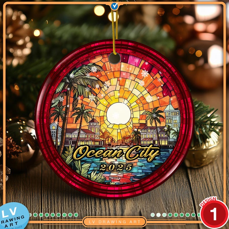 Ocean City NJ 2025 souvenir ornament depicting the historic Music Pier architecture and boardwalk sunset in vibrant faux stained glass art.