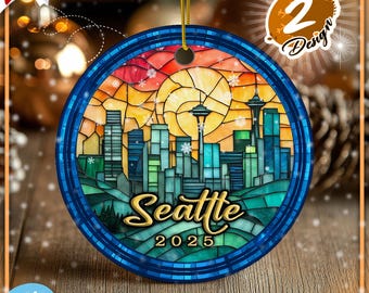 Seattle Ornament 2026 Stained Glass Style, Space Needle Skyline Ceramic, New Home Gift Seattle, Moving Souvenir, PNW Travel Christmas Art