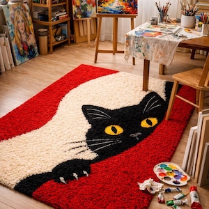 Puede incluir: Una alfombra roja y crema con un gran diseño de gato negro. La cara y las patas del gato son visibles, con ojos amarillos. La alfombra está en el estudio de un artista, con pinturas, caballetes y materiales de arte.