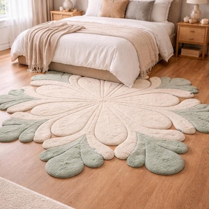 May include: A large, floral-shaped rug in a bedroom setting. The rug features a cream-colored center with sage green petal-like edges. The bedroom has a bed with neutral-toned bedding and wooden bedside tables.