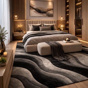 May include: A bedroom featuring a large bed with grey bedding, a rectangular upholstered bench at the foot, and a large area rug with a black, grey, and white wavy pattern. The room includes wooden wall panels, recessed lighting, and a framed abstract painting.