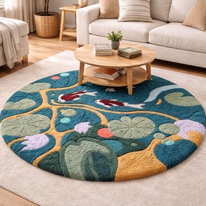 May include: A circular rug depicting a koi pond scene. The rug has a teal base with koi carp, lily pads, and other aquatic features in red, green, yellow, and purple. The rug is placed on a light beige carpet.