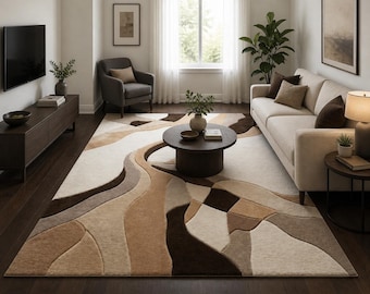 Tappeto in lana trapuntato a mano – Moderno, astratto, geometrico, nei toni neutri del beige, crema e marrone