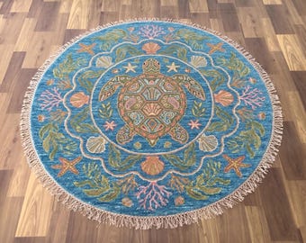 Round Sea Turtle Rug, Coastal Ocean Beach Decor, Seashell Coral Nautical Carpet
