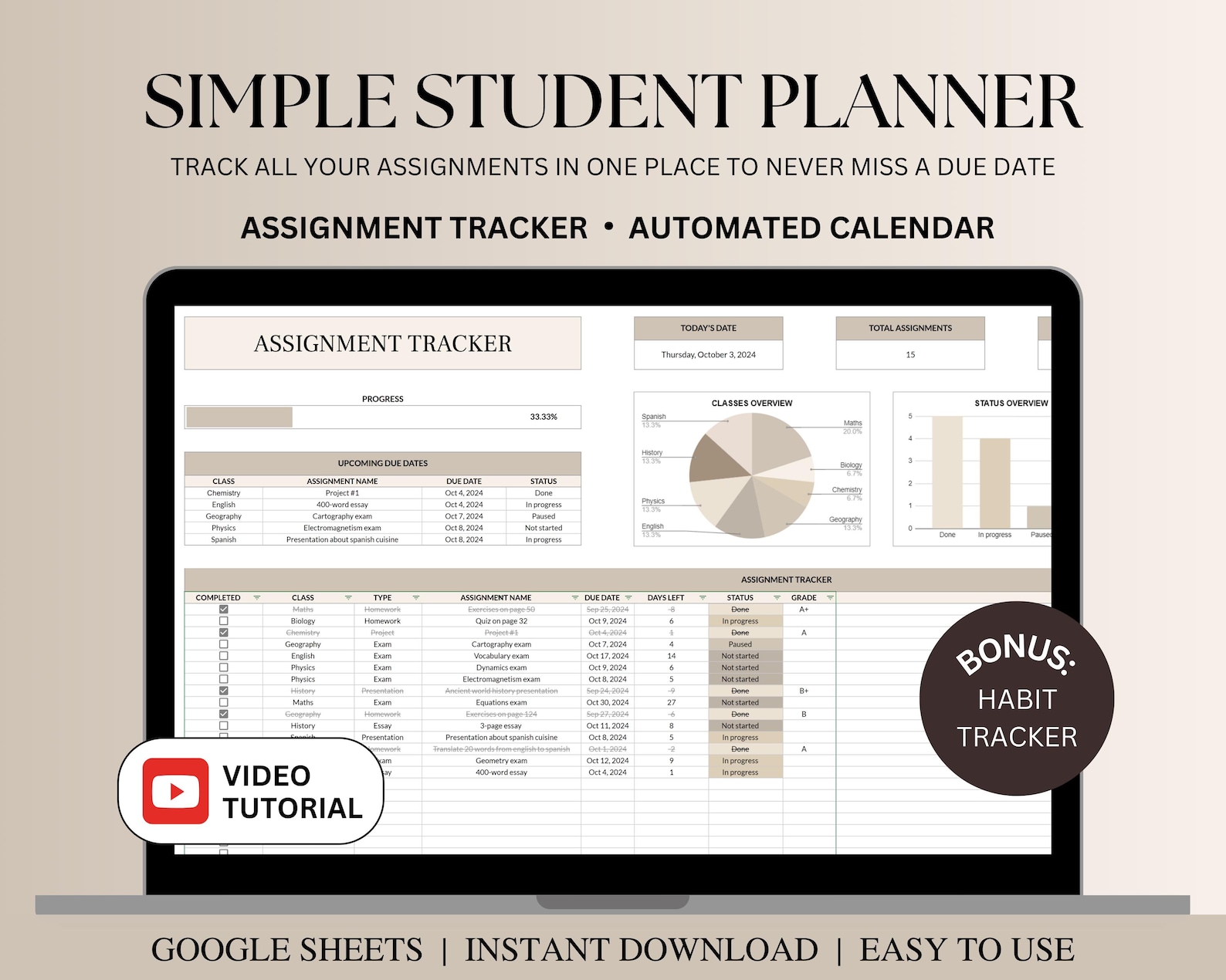 Simple Student Planner Spreadsheet, Assignment Tracker Google Sheets ...