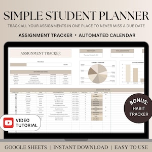 Simple Student Planner Spreadsheet, Assignment Tracker Google Sheets, Student Assignment Tracker Spreadsheet, Academic, School Planner