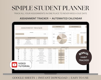 Simple Student Planner Spreadsheet, Assignment Tracker Google Sheets, Student Assignment Tracker Spreadsheet, Academic, School Planner