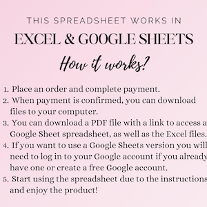 May include: A pink background with black text that reads "THIS SPREADSHEET WORKS IN EXCEL & GOOGLE SHEETS." Below, the text "How it works?" is written in a cursive font. Numbered steps explain how to use the spreadsheet, including downloading files and accessing Google Sheets.