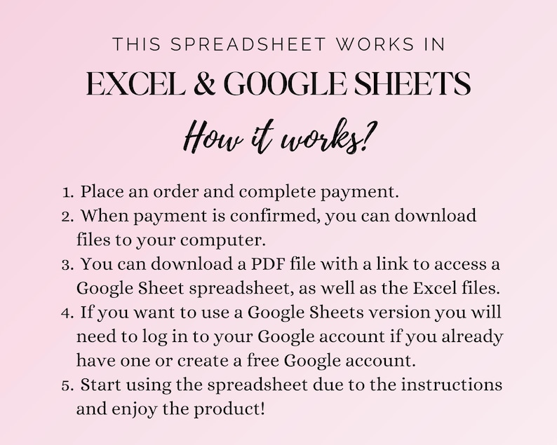 May include: A pink background with black text that reads "THIS SPREADSHEET WORKS IN EXCEL & GOOGLE SHEETS." Below, the text "How it works?" is written in a cursive font. Numbered steps explain how to use the spreadsheet, including downloading files and accessing Google Sheets.
