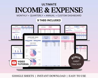 Income and Expense Tracker Spreadsheet, Personal Financial Planner, Small Business Bookkeeping, Annual Monthly Expense Tracker Google Sheets
