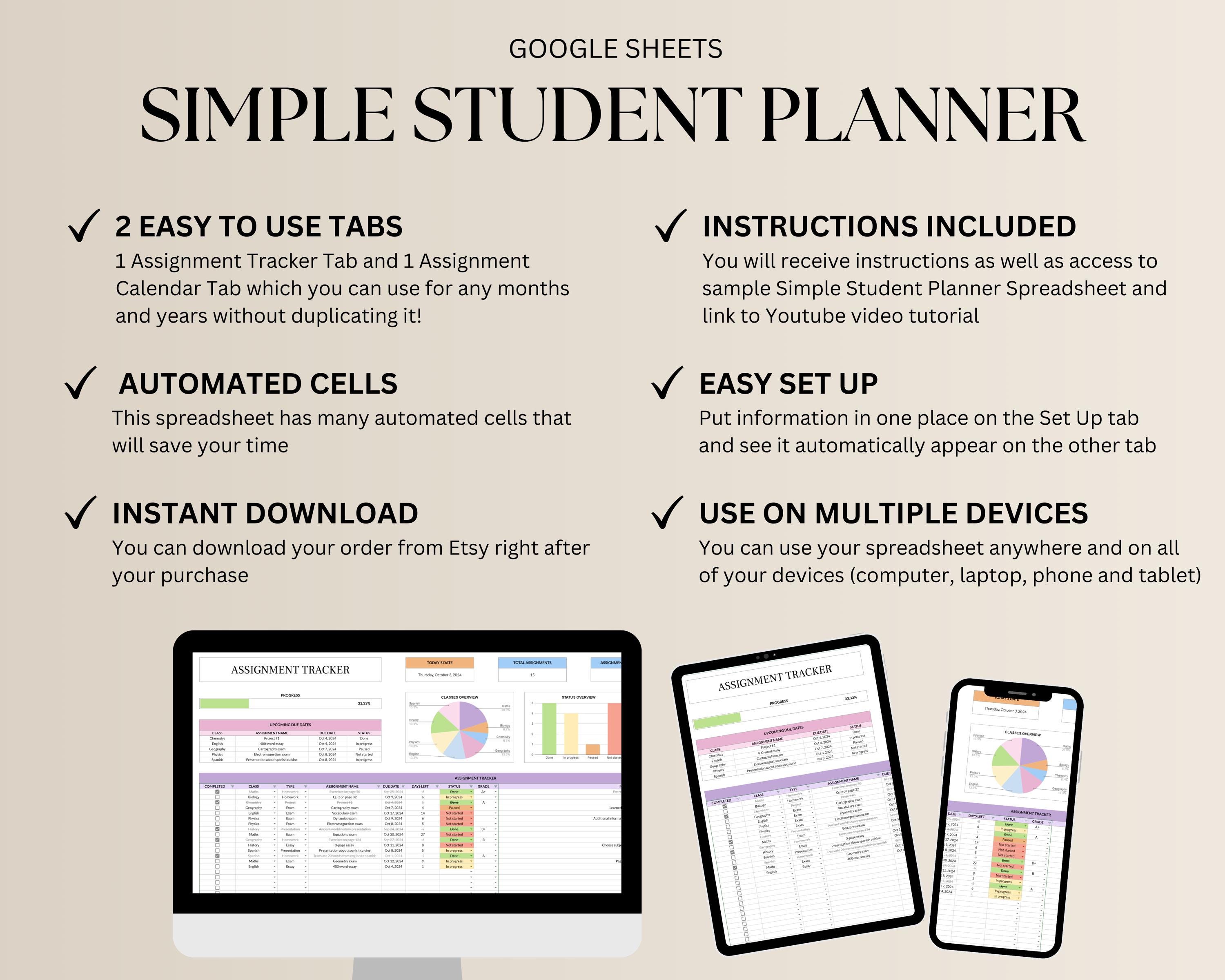 Simple Student Planner Spreadsheet, Assignment Tracker Google Sheets ...
