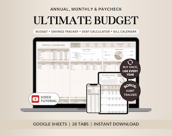 May include: A digital budget planner displayed on a laptop, tablet, and smartphone. The screen shows a spreadsheet with financial data. Text includes "Ultimate Budget," "Budget, Savings Tracker, Debt Calculator, Bill Calendar," and "Google Sheets | 28 Tabs | Instant Download."