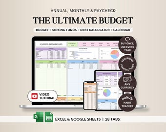 May include: A laptop, tablet, and smartphone displaying a financial budget spreadsheet. The text reads "THE ULTIMATE BUDGET" with features like budget, sinking funds, and debt calculator. Includes a video tutorial and is compatible with Excel and Google Sheets.
