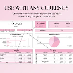 May include: A pink budget tracker spreadsheet with the title "JANUARY" and the text "USE WITH ANY CURRENCY". The spreadsheet includes sections for income, savings, expenses, bills, and debt. The spreadsheet also includes a cash flow overview and a spending overview.